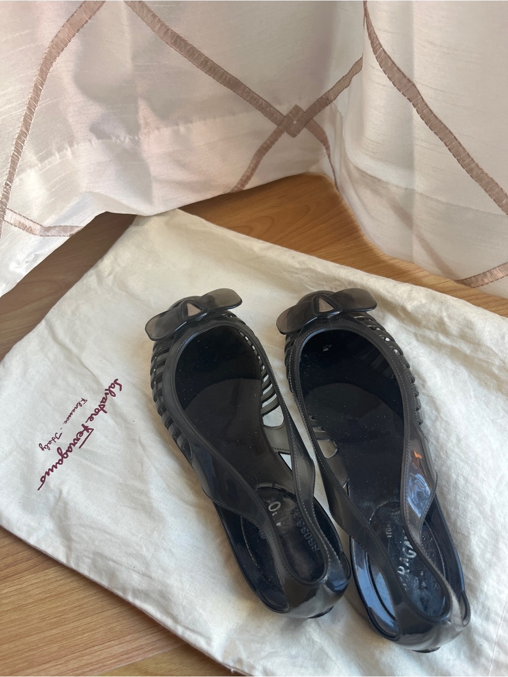 Salvatore Ferragamo Black Jelly Bow Slingback Flats